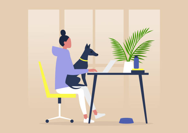 ilustrações de stock, clip art, desenhos animados e ícones de pet friendly office, young female character working with a dog on their lap - business owner