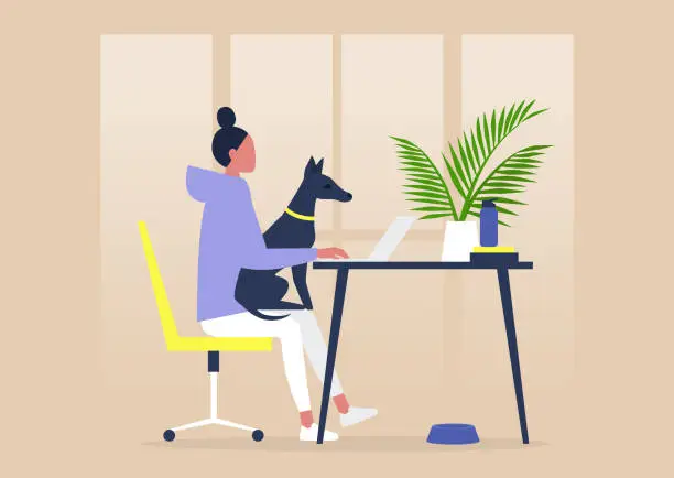 Vector illustration of Pet friendly office, young female character working with a dog on their lap