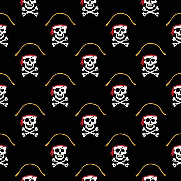 Vector illustration of Skull And Crossbones With Hats Seamless Pattern