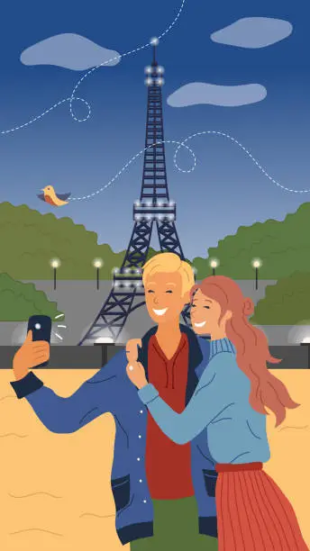 Vector illustration of Dating And Travel Concept.Man And Woman Make Selfie On The Eiffel Tower Background.Dating Selfie Photo Modern People Lifestyle, Composition With Lovers Couple. Cartoon Flat style. Vector illustration