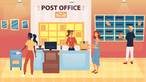 Post Office Postage Mail Delivery Service Concept Girl Putting Letter Into  Mailbox Man Putting Letter Into Po Box Woman Weighs Parcel On Scales On  Reception Desk Cartoon Flat Vector Illustration Stock Illustration -