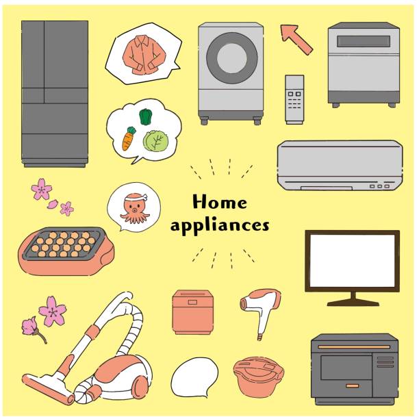 ilustraciones, imágenes clip art, dibujos animados e iconos de stock de conjunto de ilustración de material de electrodomésticos de estilo dibujado a mano - equipment housework remote domestic kitchen