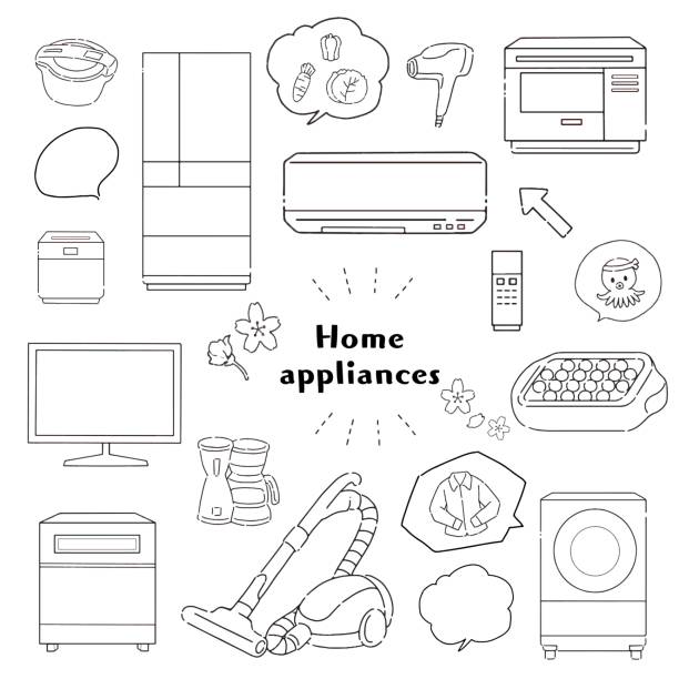 ilustraciones, imágenes clip art, dibujos animados e iconos de stock de conjunto de ilustración de material de electrodomésticos de estilo dibujado a mano - equipment housework remote domestic kitchen