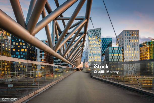 Oslo Modern Skyline Norway At Dusk Stock Photo - Download Image Now - Oslo, City, Bar Code