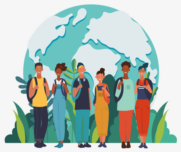 ilustrações de stock, clip art, desenhos animados e ícones de young, smiling people with backpacks. travel, vacation, holidays and adventure vector concept illustration. world map background. eco friendly ecology concept. nature conservation vector poster - land issues