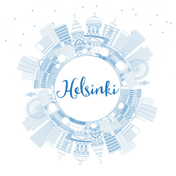 umriss helsinki finland city skyline mit blauen gebäuden und copy space. - helsinki stock-grafiken, -clipart, -cartoons und -symbole