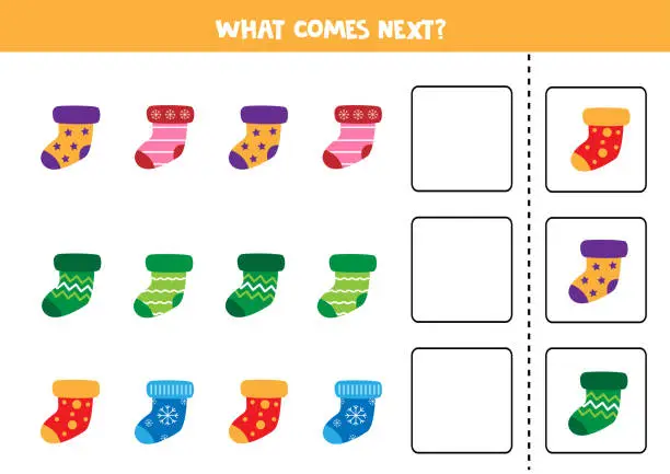 Vector illustration of What comes next. Sequence game for children.  Set of colorful winter socks.