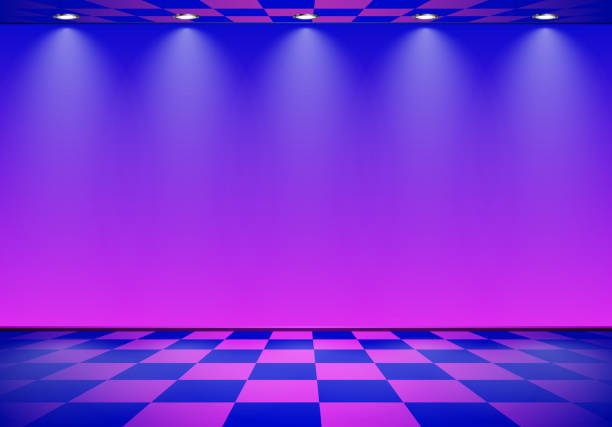 istock 80s styled vapor wave room with blue and purple wall over checked floor 1207424537