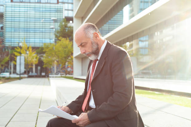 istock Side view of concentrated businessman working with reports 1207426460