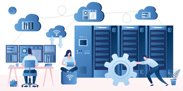 ilustraciones, imágenes clip art, dibujos animados e iconos de stock de puja a desarrolladores e ingenieros de datos. concepto de ciencia de datos y empleo. - componente de ordenador