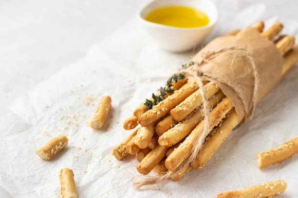 Italian grissini or salted bread. Fresh italian snack. Copy space.