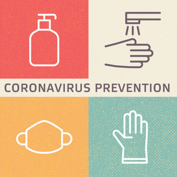 ilustrações de stock, clip art, desenhos animados e ícones de coronavirus (2019-ncov) disease prevention illustration. outline icons showing disinfection, hygiene, mask and glove protection from new 2019 and 2020 flu in wuhan, china. - flu virus hygiene doctor symbol