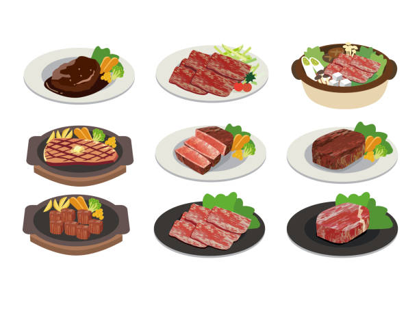 illustrazioni stock, clip art, cartoni animati e icone di tendenza di illustrazione del piatto di carne - food steak meat dinner