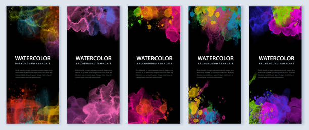 Big bundle set of vector colorful watercolor paint on black backgrounds vector art illustration