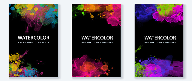 Big bundle set of vector colorful watercolor paint on black backgrounds for party banner, poster or flyer