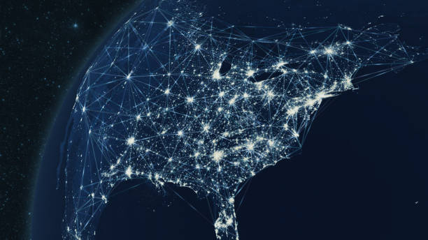 terra do foco espacial nos estados unidos com rede geométrica de conectividade de polígono - globe earth speed world map - fotografias e filmes do acervo