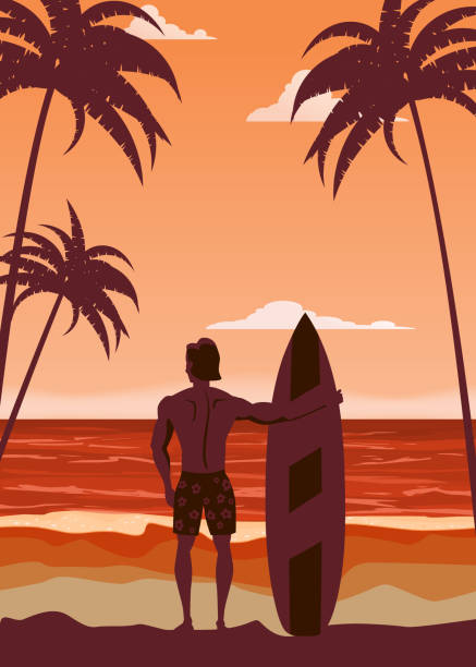 illustrations, cliparts, dessins animés et icônes de surfer restant avec la planche de surf sur la vue arrière tropicale de plage. palms océan surfung thème rétro vintage. drapeau d’affiche d’affichage isolé d’illustration de vecteur - enfants derrière voiture vacance