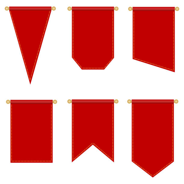 깃대, 흰색 배경에 고립 된 다른 모양의 붉은 깃발 의 집합입니다. 벡터, 만화 일러스트레이션. 벡터. - pole flag rope metal stock illustrations