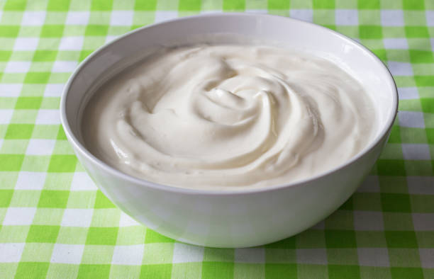 istock Yogurt in a white bowl on green and white checkered table cloth 1207439948