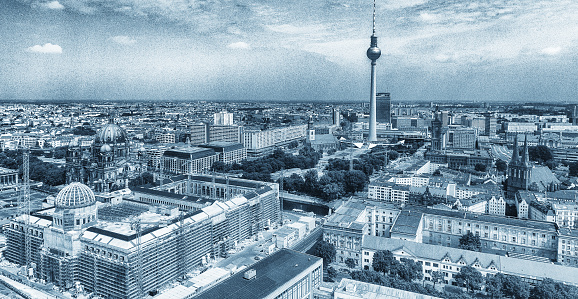 Buildings of Berlin from the air with city skyline and TV Tower.