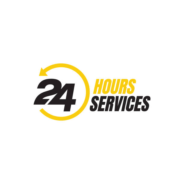 24 hour service logo vector icon. Standby 24/7 sign day/night services button symbol 24 hour service logo vector icon. Standby 24/7 sign day/night services button symbol emergency response stock illustrations