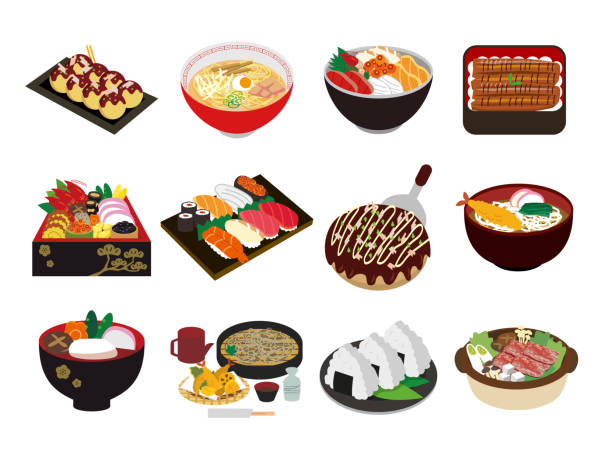 ilustracja kuchni japońskiej - sashimi japanese cuisine japanese culture food stock illustrations