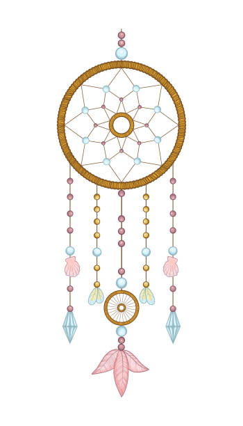 hand gezeichnet vektor-illustration von traumfänger boho nativen amerikanischen indischen talisman dreamcatcher. magische stammesfedern. - tribal life stock-grafiken, -clipart, -cartoons und -symbole