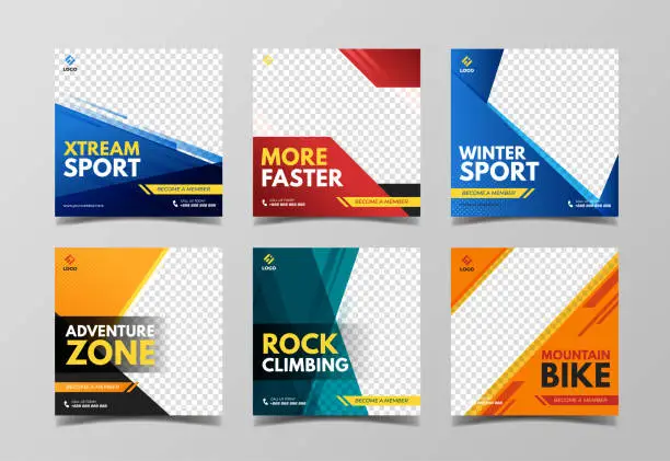 Vector illustration of Sport social media post template. Adventure, mountain climbing and extreme sport banner
