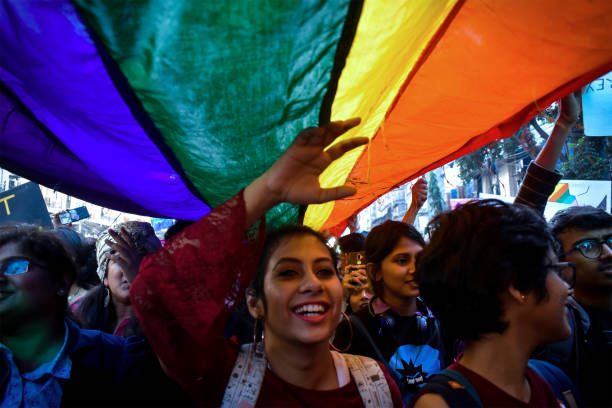 pride walk in kolkata, india - flag rainbow gay pride flag gay man imagens e fotografias de stock