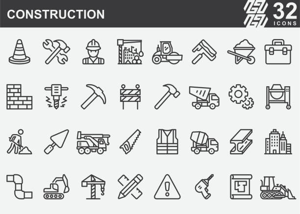 ilustrações de stock, clip art, desenhos animados e ícones de construction line icons - construction material material brick building activity