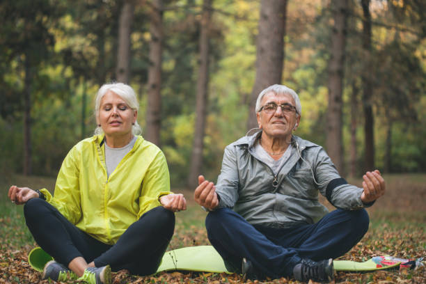 istock Happy elderly senior couple doing yoga in park 1207446714