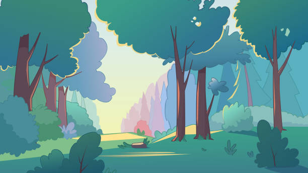 ilustraciones, imágenes clip art, dibujos animados e iconos de stock de paisaje vectorial con árboles. bosque. campo - tree silhouette meadow horizon over land