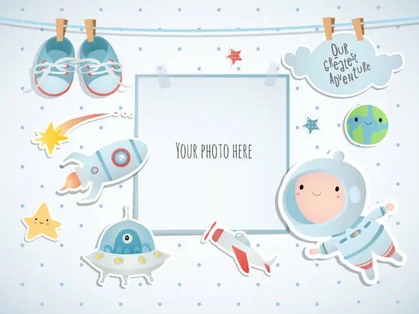 Vector illustration of A little astronaut floating around in open space, among stars, planets, funny monsters and comets. Card design. Baby shower.