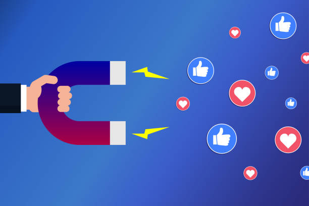 Hand with a magnet attracting likes and hearts. Social media marketing concept. Popularity on social networks. Influencer. Hand holding magnet dragging like and heart signs. Vector illustration, flat. follow up stock illustrations