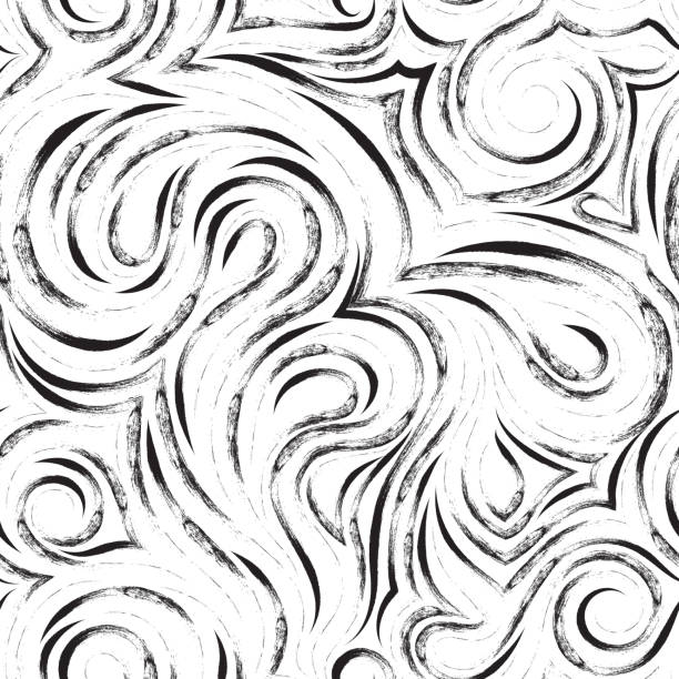 абстрактный вектор бесшовный узор черного цвета из гладких линий, нарисованных углем или чернилами в виде спиралей петель и завитков. текс� - scroll shape ornate swirl striped stock illustrations