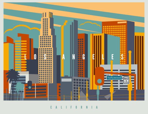 Downtown Los Angeles in vector. Cityscape of LA in retro style colors and stylization, vintage design illustration. California, USA.