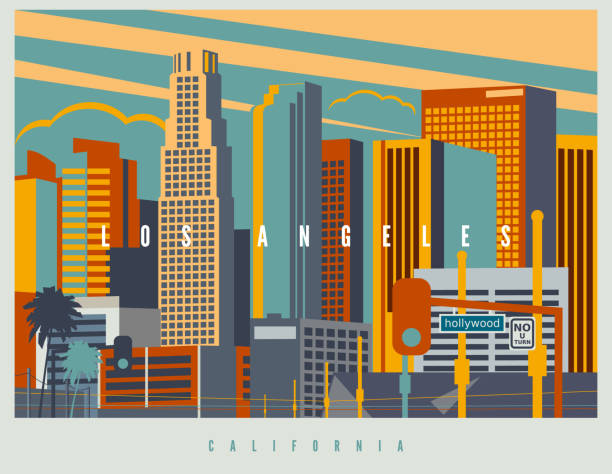 Downtown Los Angeles in vector. Cityscape of LA in retro style colors and stylization, vintage design illustration. California, USA Downtown Los Angeles in vector. Cityscape of LA in retro style colors and stylization, vintage design illustration. California, USA. los angeles stock illustrations
