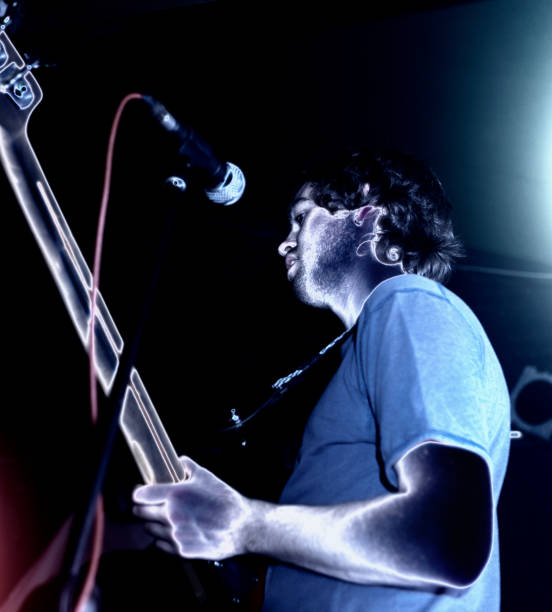 istock Looking up at guitarist on stage in blue-toned image 1207449790
