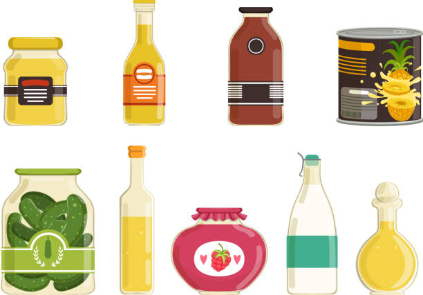 illustrations, cliparts, dessins animés et icônes de collection d’aliments en conserve, diverses marchandises d’épicerie, aliments conservés dans des boîtes scellées et des pots vector illustration isolé sur le fond blanc - vinegar bottle raspberry fruit