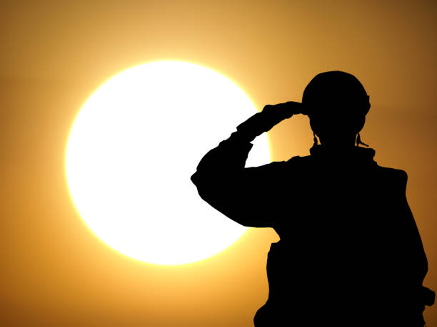 silhouette d’un solider saluant contre le lever du soleil. concept - forces armées du japon, corée du sud, indonésie, thaïlande - air force uniform armed forces military photos et images de collection
