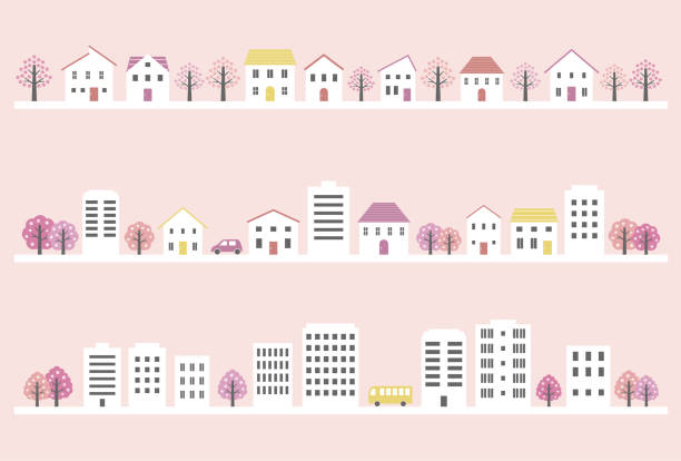 간단한 봄 마을과 도시의 집합 - housing development illustrations stock illustrations