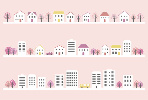 ilustrações, clipart, desenhos animados e ícones de conjunto de cidade e cidade de primavera simples - town of blossom