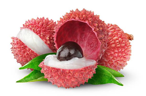 istock Fresh lychee fruits beautifully displayed over white surface 120745336