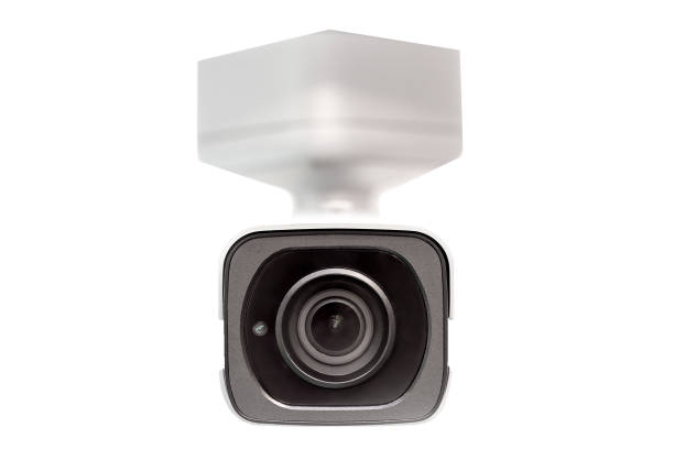 white surveillance  camera  .cctv isolated on white. front face lens view.  close up. under the dome concept - camera lens home video camera broadcasting imagens e fotografias de stock