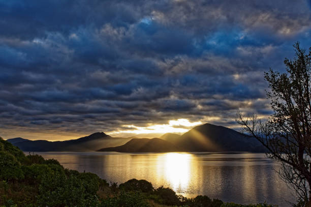 sonnenaufgang über den marlborough sounds, neuseeland - marlborough region sunrise new zealand sea stock-fotos und bilder