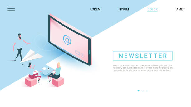 Newsletter Email Inbox - isometric Design Style Web Banner Email subscribe vector illustration concept, email marketing system, people use smartphone and subscribe, newsletter. isometric design style - web template, layout with copy space for text. newsletter template stock illustrations