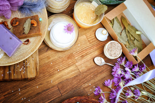istock Hand made cosmetics background, fruit and lavender handmade artisan soap 1207458461