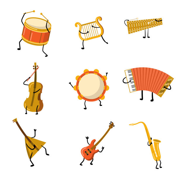 ilustraciones, imágenes clip art, dibujos animados e iconos de stock de conjunto de divertidos personajes de instrumentos musicales con manos y piernas - lyre