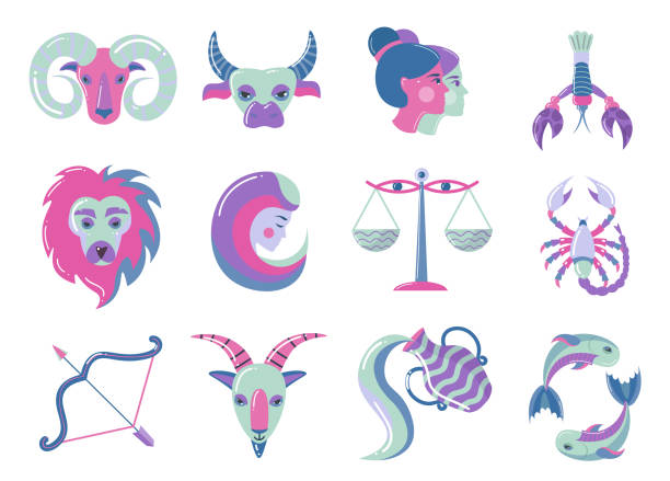 ilustraciones, imágenes clip art, dibujos animados e iconos de stock de conjunto de signos modernos del zodiaco de color, para el diseño web - signo del zodíaco