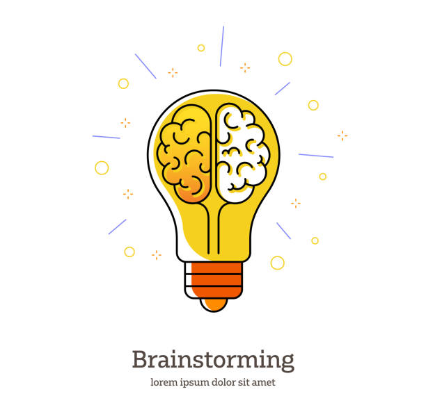 ilustraciones, imágenes clip art, dibujos animados e iconos de stock de idea creativa - símbolo de estilo de diseño de línea vectorial. bombilla que representa ideas - symbol expertise brain power